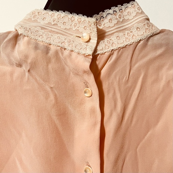 VINTAGE The Silk Farm 100% Silk Lace-Accented Blouse in Soft Peach - Picture 3 of 9